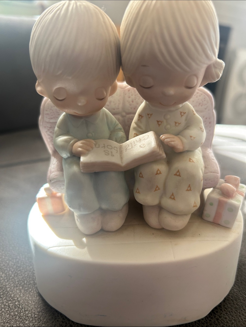 Precious Moments Pastel Children Reading Figurine Music Box - Blue & Cream